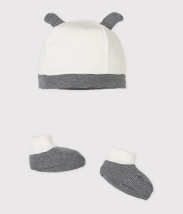 Lot bonnet naissance et chaussons b&eacute;b&eacute; en c&ocirc;te multicouleur
