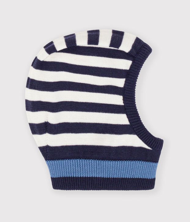 Cagoule b&eacute;b&eacute; &agrave; rayures en laine et coton bleu/multicouleur