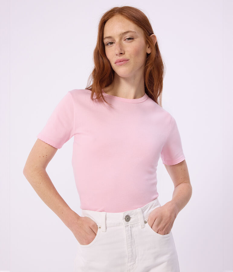 Tee-shirt femme en coton manches courtes uni rose MARQUISE
