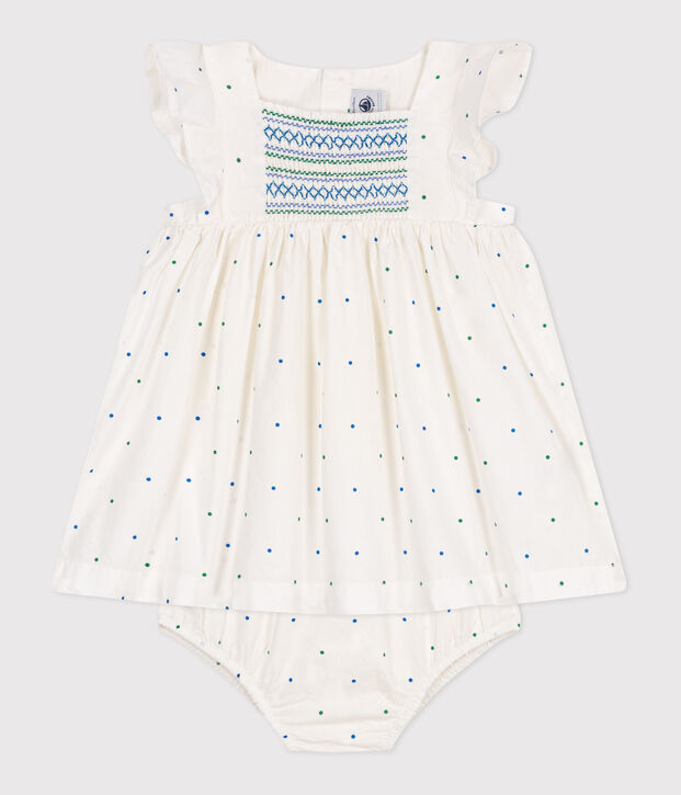 Robe blanche b&eacute;b&eacute; en coton et son bloomer, imprim&eacute;s &agrave; pois blanc/multicouleur