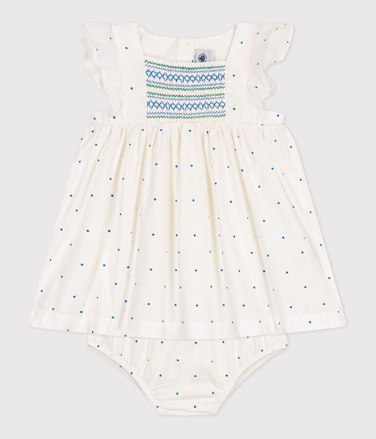 Robe blanche b&eacute;b&eacute; en coton et son bloomer, imprim&eacute;s &agrave; pois blanc MARSHMALLOW/blanc MULTICO