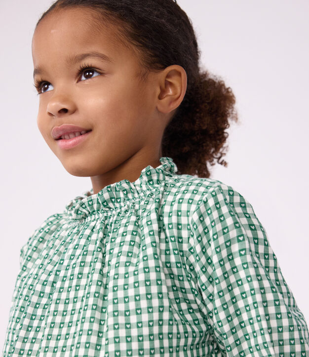 Blouse enfant en coton &agrave; col manches longues imprim&eacute;e vert/blanc
