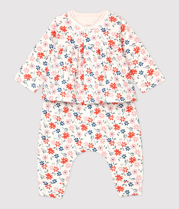 Ensemble 3 pi&egrave;ces imprim&eacute; fleurs b&eacute;b&eacute; fille en coton biologique blanc/multicouleur