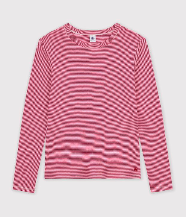 Tee-shirt femme en coton manches longues &agrave; rayures rouge/blanc