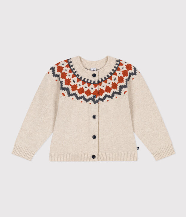 Cardigan jacquard laine et coton enfant fille beige/multicouleur