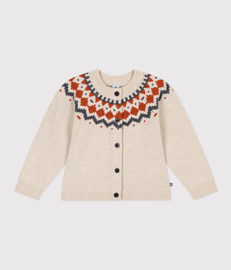 Cardigan jacquard laine et coton enfant fille beige/multicouleur