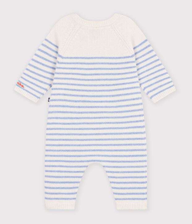Combinaison b&eacute;b&eacute; en tricot laine et coton &agrave; rayures bleu/bleu