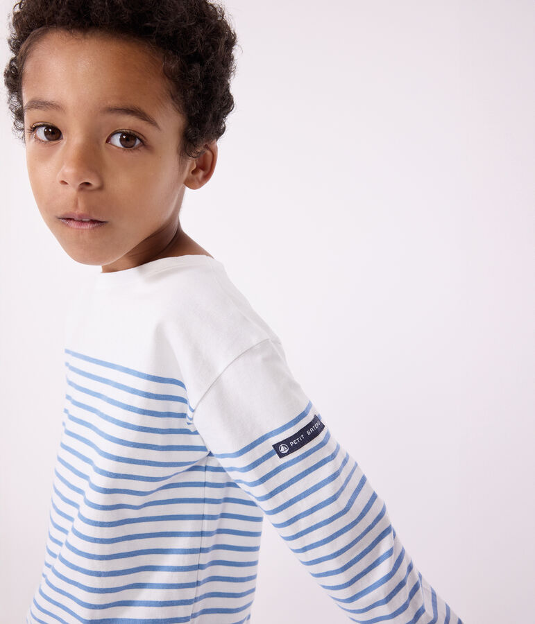 Teeshirt marini&egrave;re enfant en coton manches longues blanc MARSHMALLOW/bleu ALASKA