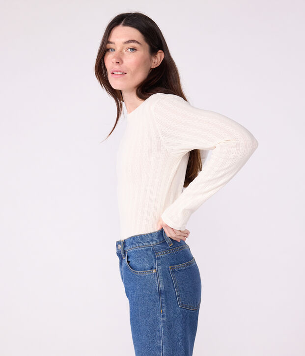 Tee-shirt femme l'iconique en coton ajour&eacute; manches longues blanc cass&eacute;