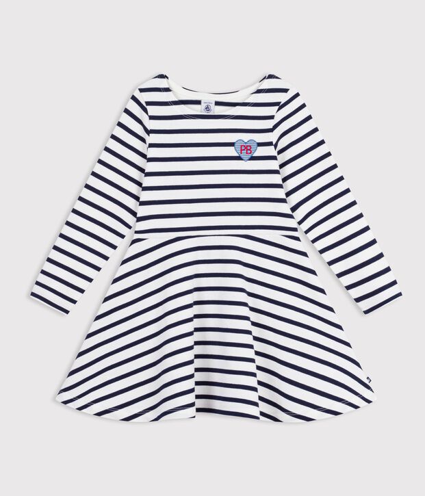 Robe enfant en coton manches longues &agrave; rayures blanc/bleu