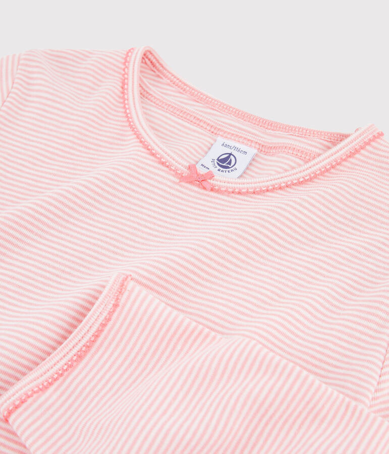 Pyjama &agrave; rayures milleraies petite fille en c&ocirc;te rose GRETEL/blanc MARSHMALLOW