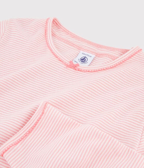 Pyjama à rayures milleraies petite fille en côte rose GRETEL/blanc MARSHMALLOW