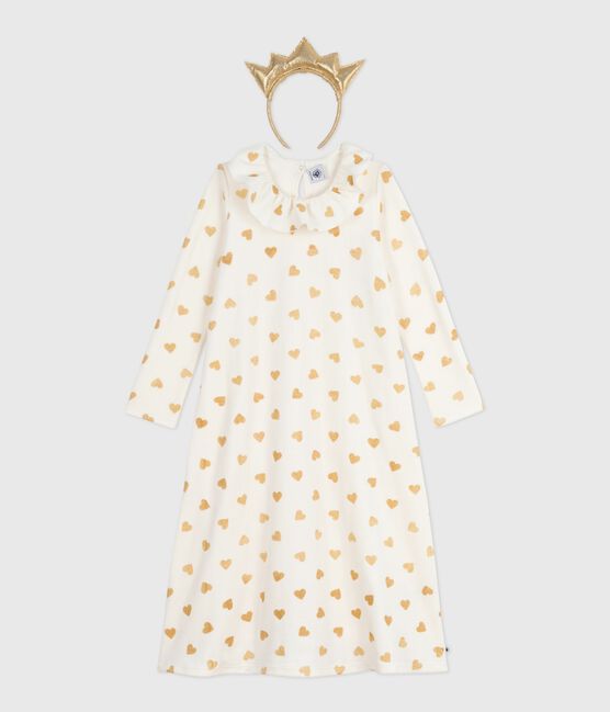 Chemise de nuit déguisement enfant en velours imprimé cœurs dorés écru MILK+DORE