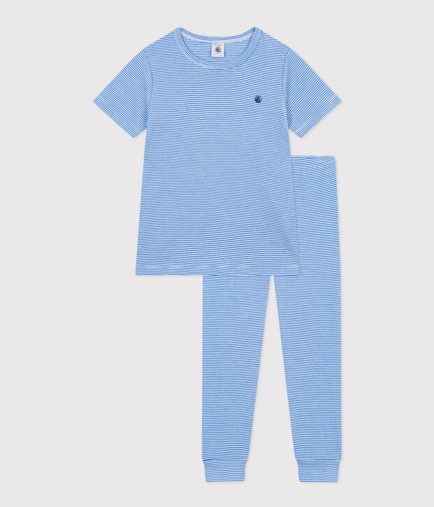 Pyjama en coton ray&eacute; enfant bleu/blanc