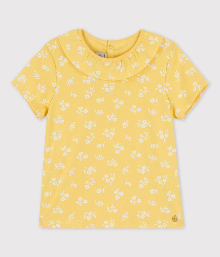 T-shirt manches courtes en coton enfant fille jaune ORGE/blanc MARSHMALLOW