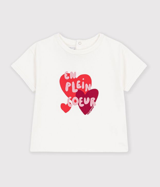 Tee-shirt b&eacute;b&eacute; en coton manches courtes uni &agrave; motif blanc