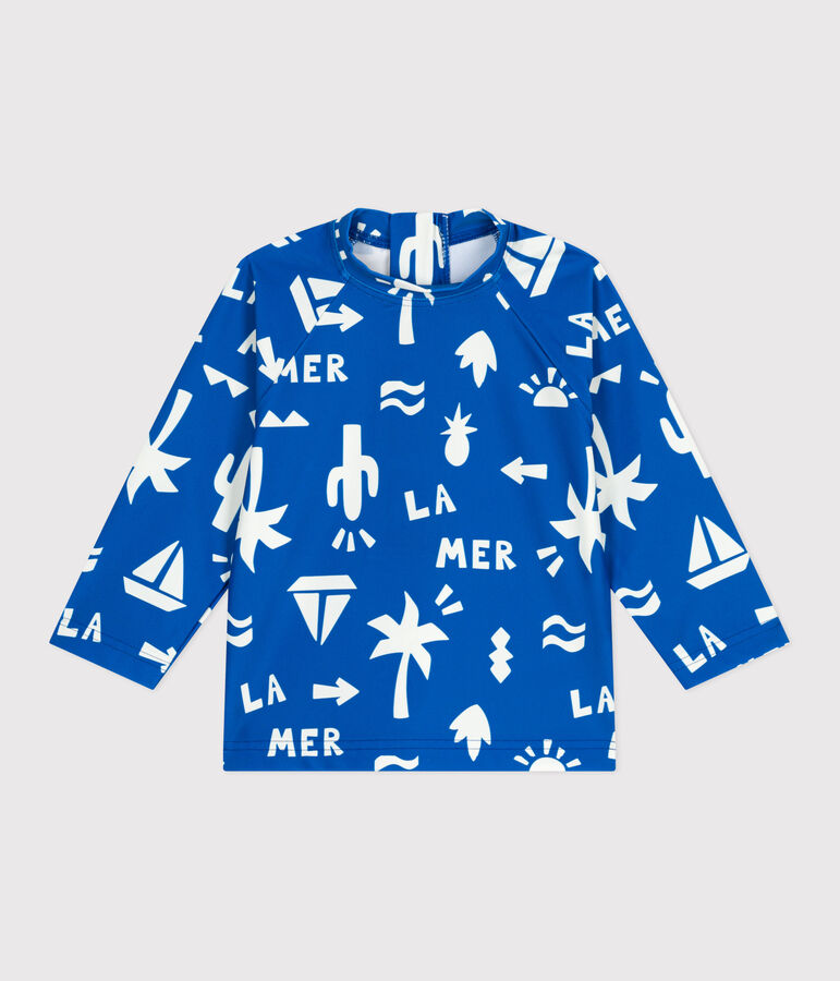 T-shirt anti UV b&eacute;b&eacute;, imprim&eacute; plage bleu PORCELANA/ MARSHMALLOW