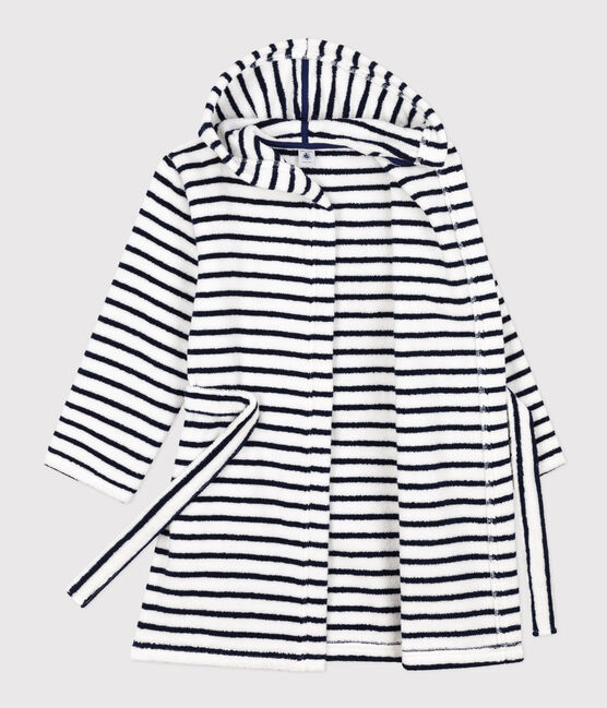 Peignoir rayé en éponge enfant blanc LAIT/bleu MEDIEVAL