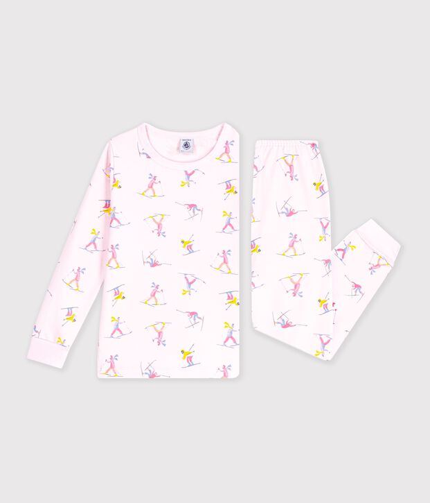 Pyjama enfant en molleton imprim&eacute; skieurs rose/multicouleur