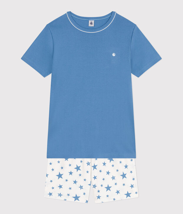 Pyjama short enfant en coton bleu/blanc