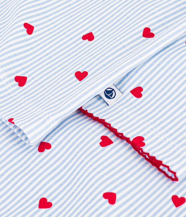 Pyjama boutonn&eacute; femme en coton imprim&eacute; &agrave; rayures et c&oelig;urs blanc/multicouleur