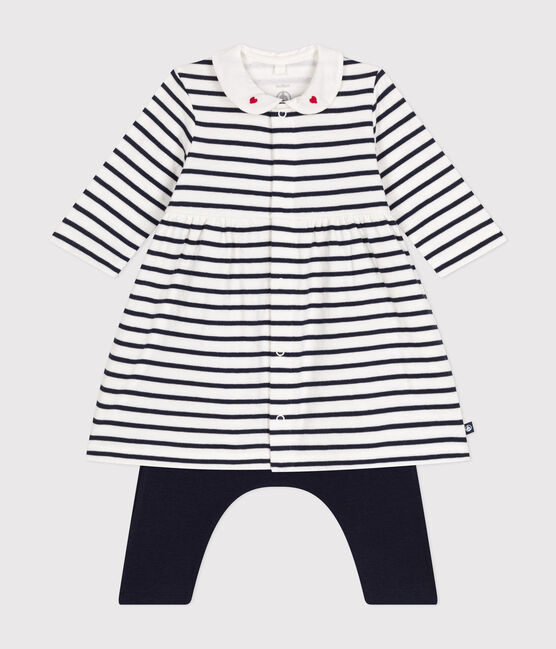 Robe et legging en coton bébé blanc MARSHMALLOW/bleu SMOKING
