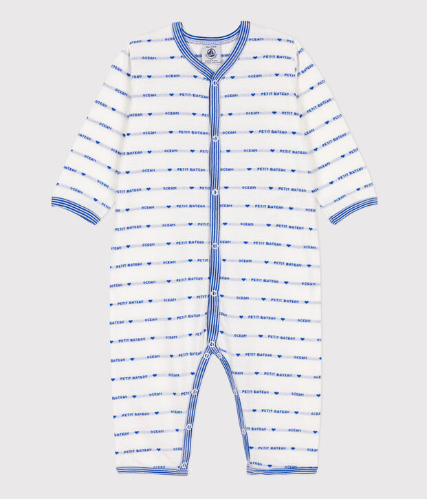 Dors-bien sans pieds jacquard en coton blanc/bleu