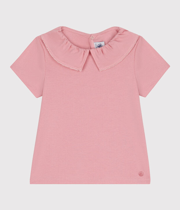 Teeshirt enfant en coton manches courtes &agrave; col uni rose