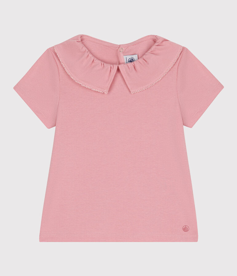 Teeshirt enfant en coton manches courtes &agrave; col uni rose CHARME