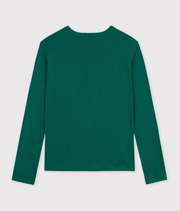 Tee-shirt femme finitions point cocotte en coton manches longues vert fonc&eacute;