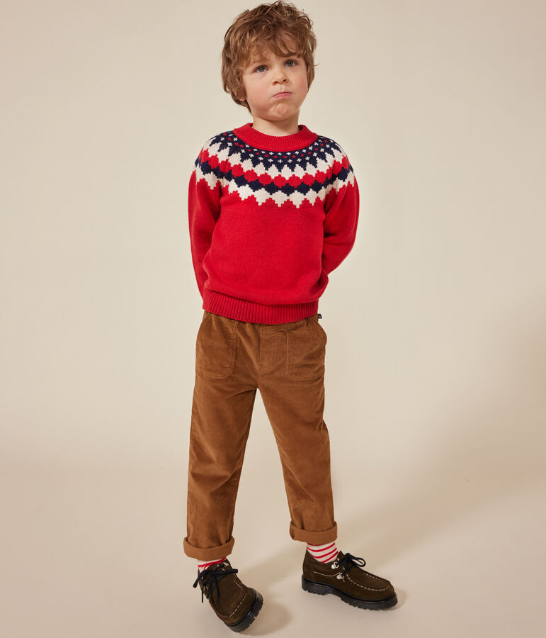 Pull jacquard laine et coton enfant gar&ccedil;on rouge STOP/ MULTICO