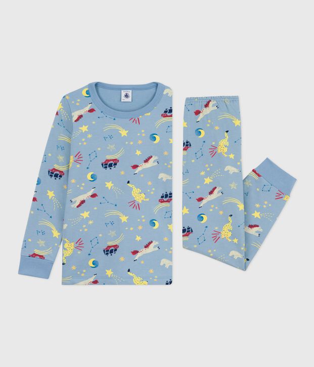 Pyjama enfant en molleton imprim&eacute; bleu/multicouleur