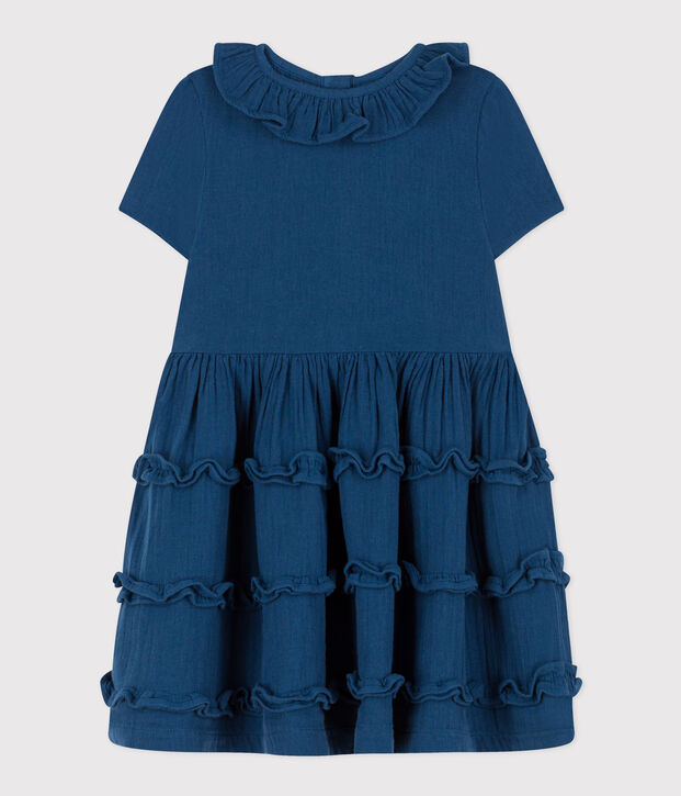 Robe manches courtes en gaze de coton enfant fille bleu