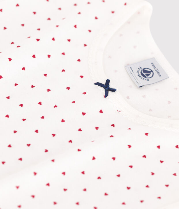 Chemise de nuit enfant en coton manches courtes &agrave; c&oelig;urs blanc/rouge