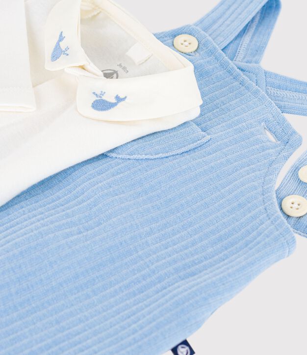 Ensemble salopette/body b&eacute;b&eacute; en coton uni et d&eacute;tails brod&eacute;s bleu/&eacute;cru