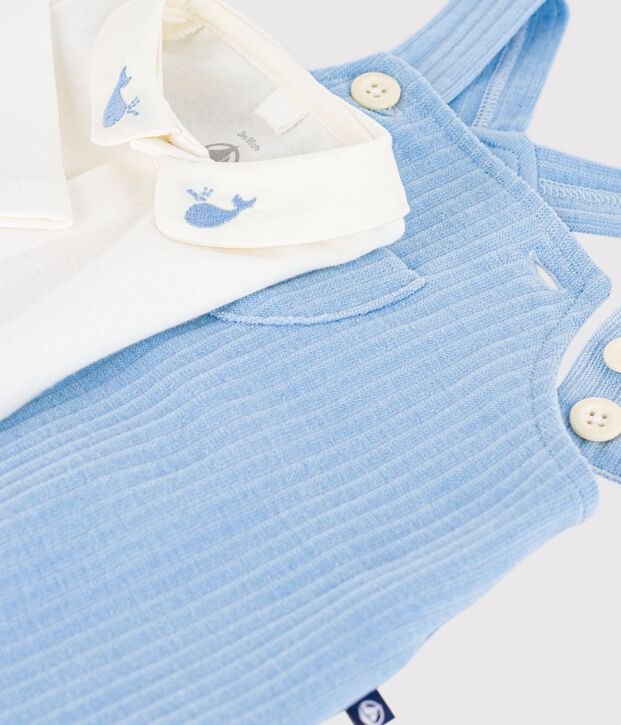 Ensemble salopette/body b&eacute;b&eacute; en coton uni et d&eacute;tails brod&eacute;s bleu/&eacute;cru