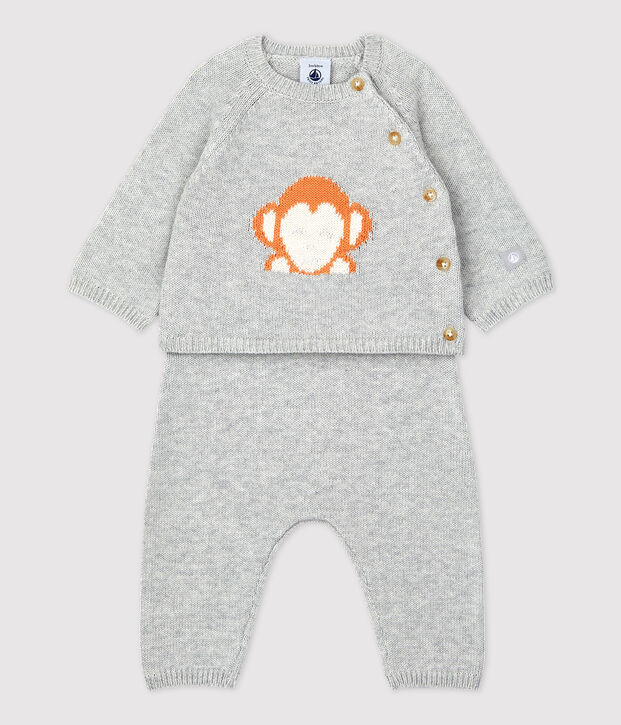 Ensemble 2 pi&egrave;ces jacquard en tricot bio b&eacute;b&eacute; gris chin&eacute; clair
