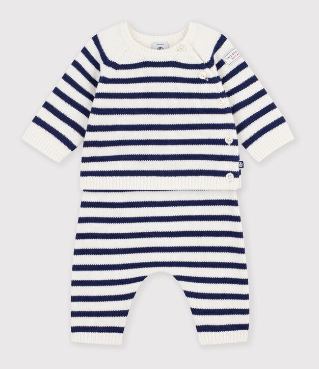 Ensemble b&eacute;b&eacute; en tricot &agrave; rayures bleu/bleu