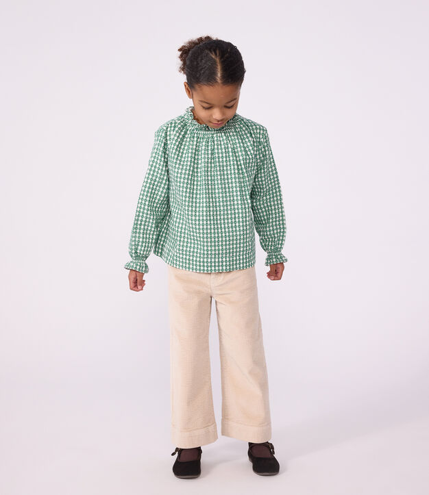 Blouse enfant en coton &agrave; col manches longues imprim&eacute;e vert/blanc