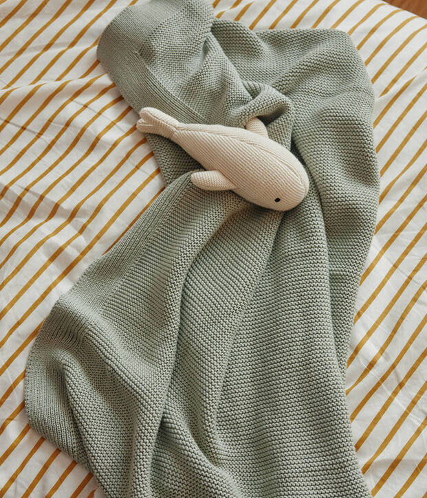 Couverture et doudou en tricot pour b&eacute;b&eacute; vert/blanc