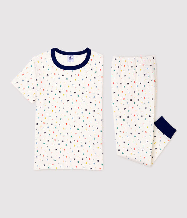 Pyjama &agrave; manches courtes imprim&eacute; lettres multicolores petit gar&ccedil;on en coton biologique blanc/multicouleur