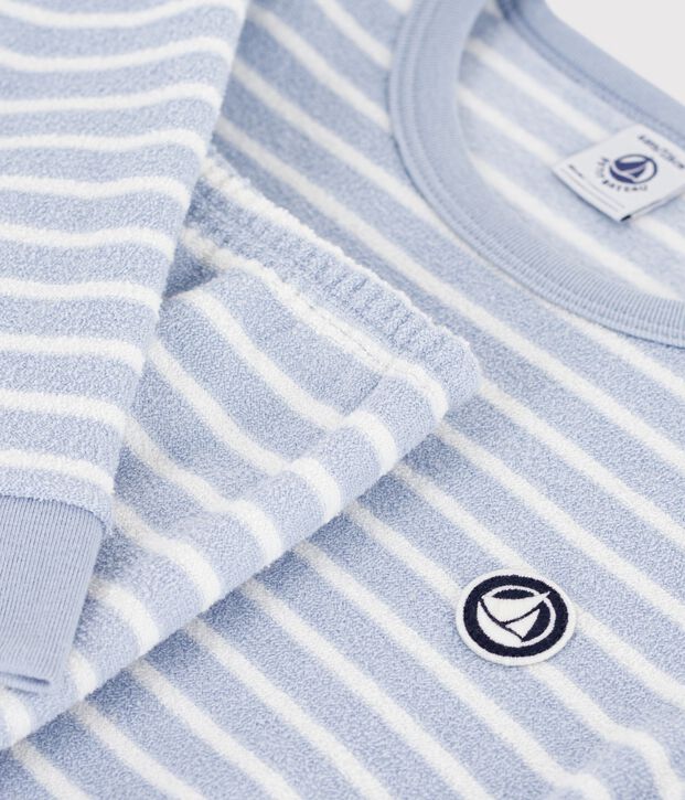 Pyjama enfant en coton &eacute;ponge &agrave; rayures bleu/&eacute;cru