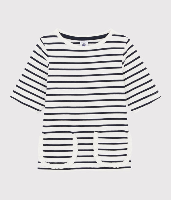 Tee-shirt rayé enfant fille blanc MARSHMALLOW/bleu SMOKING