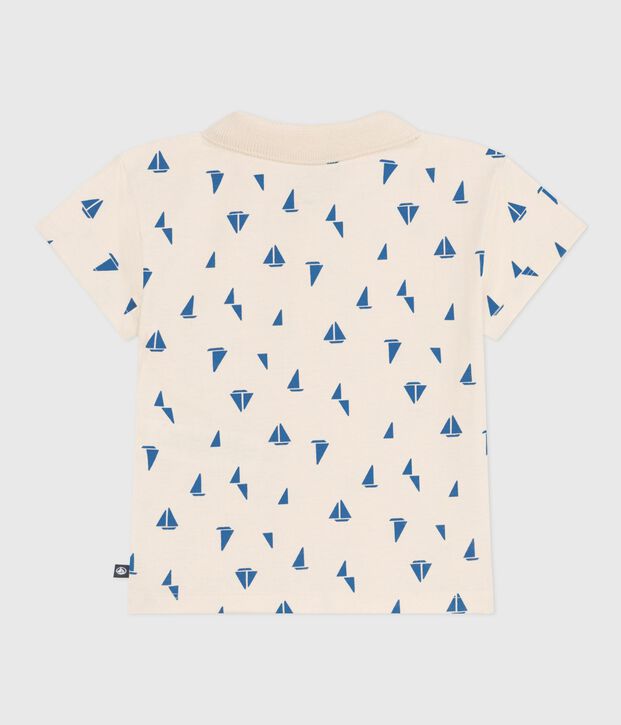 Polo b&eacute;b&eacute; en coton manches courtes imprim&eacute; petits bateaux &eacute;cru/bleu