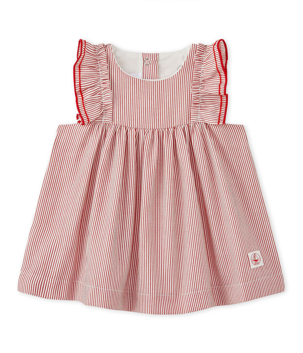 Robe b&eacute;b&eacute; fille en popeline ray&eacute;e blanc/rouge