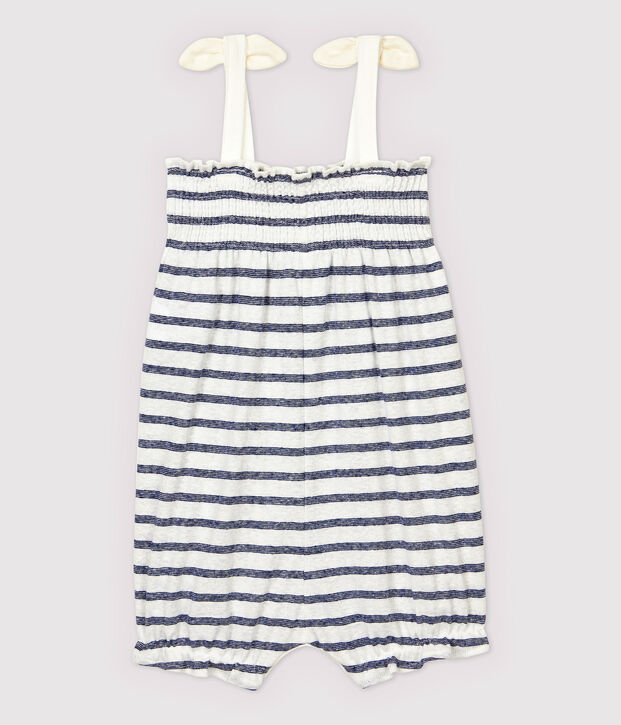 Combinaison courte en coton/lin ray&eacute; b&eacute;b&eacute; fille blanc/bleu