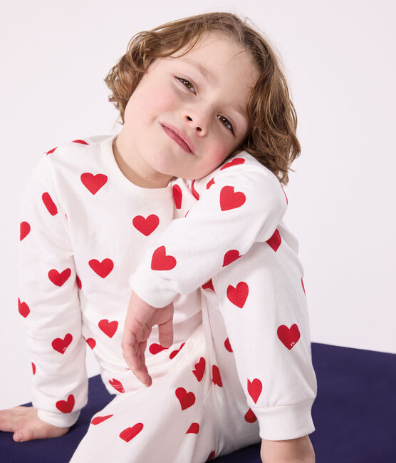 Pyjama enfant imprimé cœurs en côte blanc MARSHMALLOW/rouge TERKUIT