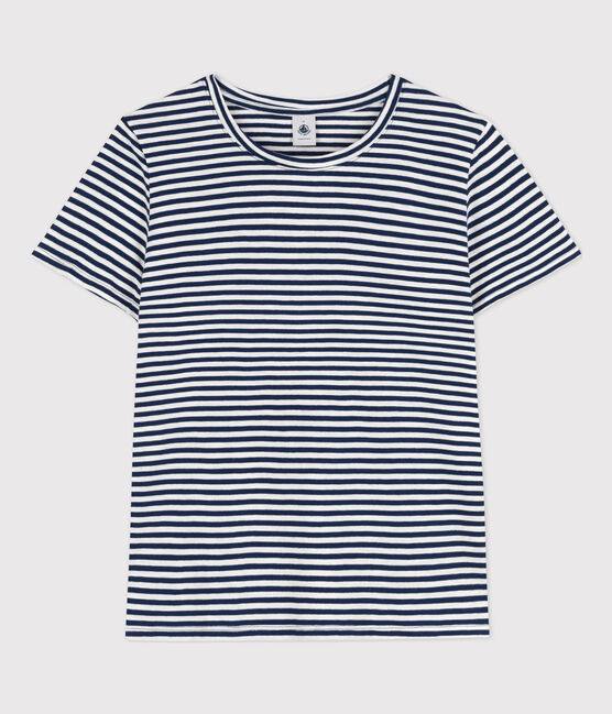 Tee-shirt LE DROIT col rond en coton Femme bleu MEDIEVAL/blanc MARSHMALLOW