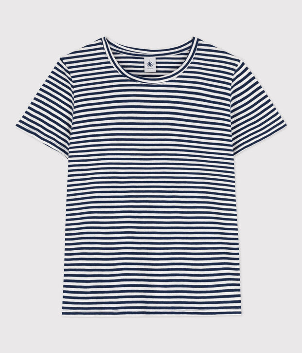 Tee-shirt LE DROIT col rond en coton Femme bleu/blanc