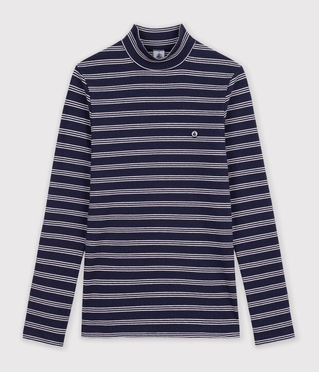 Sous-pull femme en coton &agrave; rayures bleu/blanc
